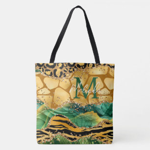 Bolsa Tote Ágata de Impressão Animal Safari Dourado e Verde