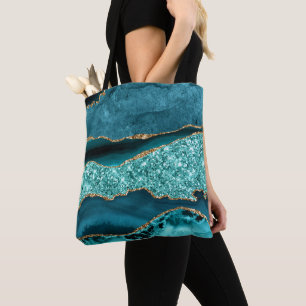 Bolsa Tote Ágata do Oceano Brilhante em Turquesa e Dourado El