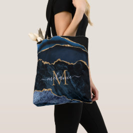 Bolsa Tote Agate Marinho Blue Gemstone Marble Monograma Nome