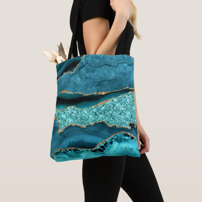 Bolsa Tote Agate Teal Blue Glitter Marble Aqua Turquoise (Close Up)