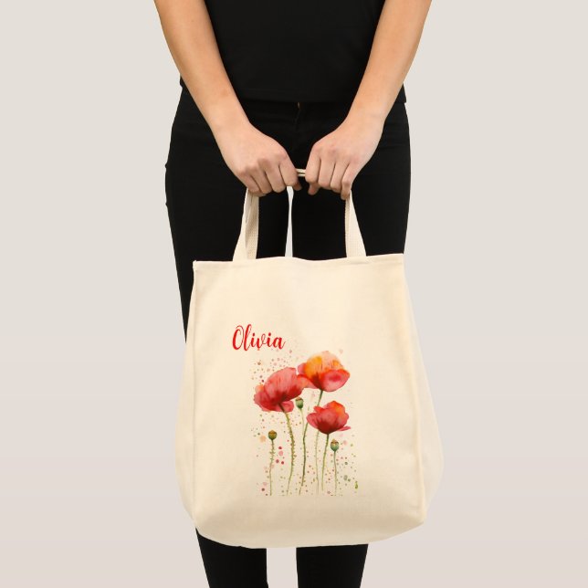 Bolsa Tote Agosto flor de nascimento Papoilas vermelhas Aquar (Frente (produto))