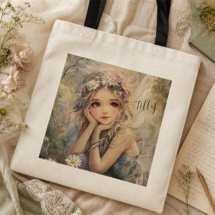 Bolsa Tote Água-forte Pessoalizada de Fada Menina de Flores C
