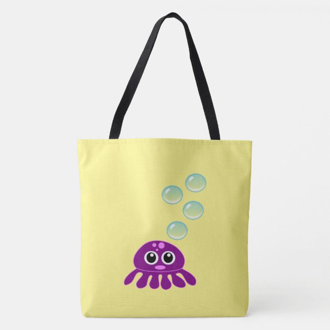 Bolsa Tote Água-viva púrpura branca Kawaii com bolhas azuis (Frente)