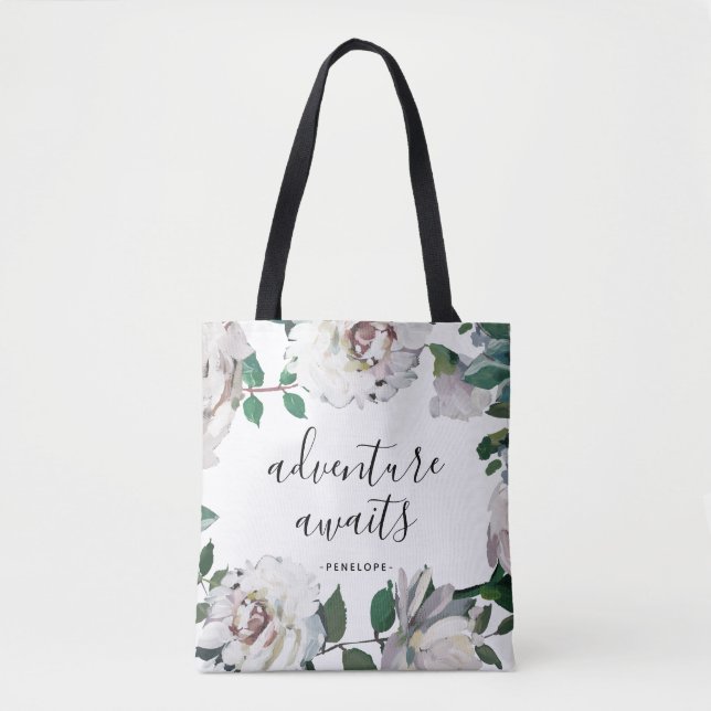 Bolsa Tote Aguardam Aventura Floral bonito com Nome (Frente)