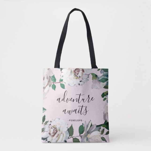 Bolsa Tote Aguardam Aventura Floral bonito com Nome (Frente)