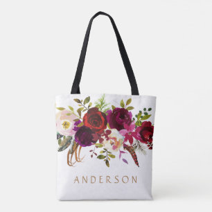 Bolsa Tote Aguarela boémia de Borgonha Marsala floral