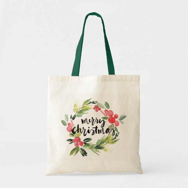 Bolsa Tote Aguarela do Natal | - grinalda do Feliz Natal (Frente)