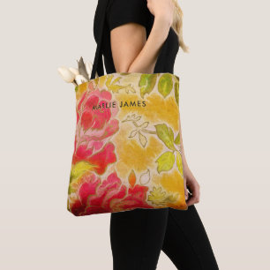 Bolsa Tote Aguarela feminino floral do rosa do vintage com