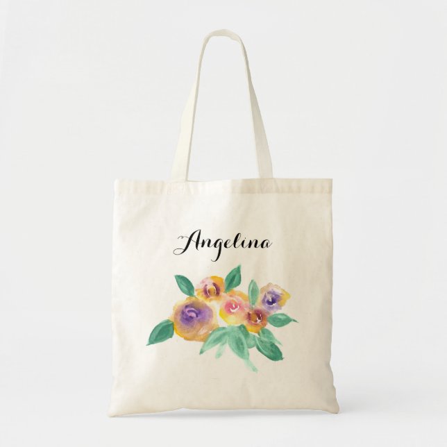 Bolsa Tote Aguarela floral com nome (Frente)