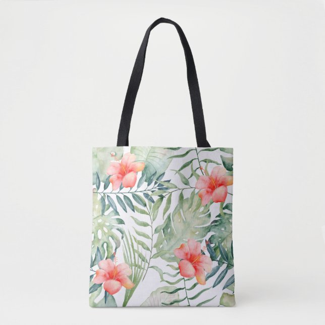 Bolsa Tote Aguarela floral do hibiscus tropical das folhas (Frente)