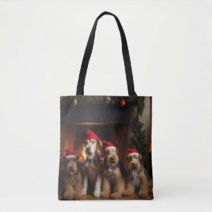 Bolsa Tote Airedale ao lado da Lareira Natal