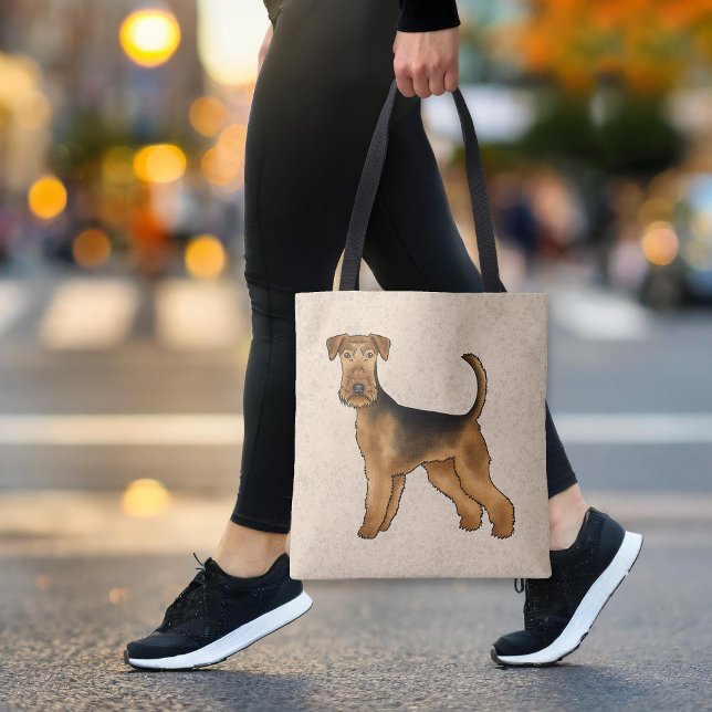 Bolsa Tote Airedale Terrier Cartoon Dog Em Pé De Beige (Please note: This image is a digital mockup. The product may not be in scale.)