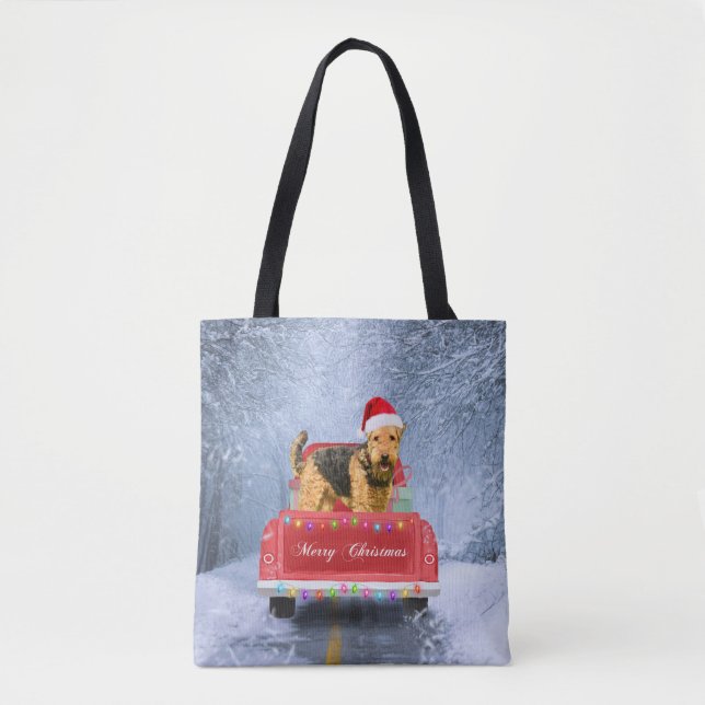 Bolsa Tote Airedale Terrier Dog em neve sentada no Natal