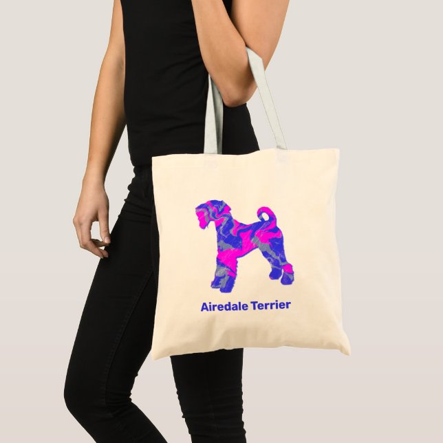 Bolsa Tote Airedale Terrier Dog rosa quente e azul (Frente (produto))