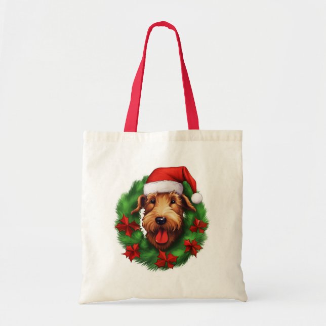 Bolsa Tote Airedale Terrier, Wreath de Natal (Frente)