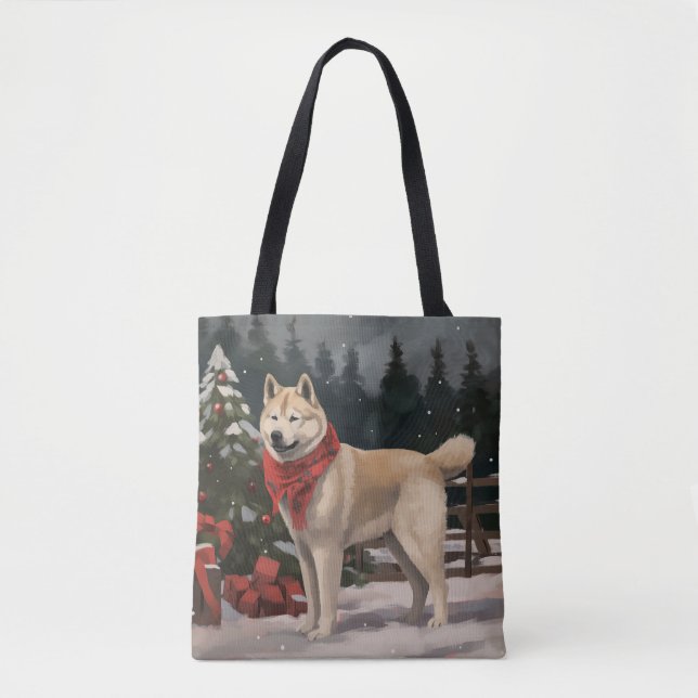 Bolsa Tote Akita Dog no Natal da Neve (Frente)