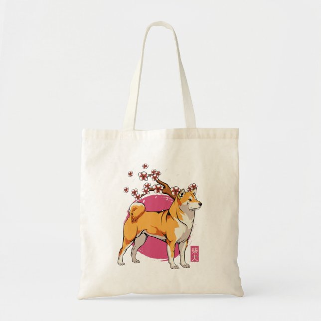 Bolsa Tote akita shiba inu cão japonês cereja flor sakura (Frente)