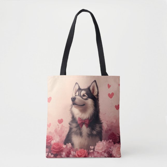 Bolsa Tote Alaskan Malamute com Rosas - Dia de os namorados (Frente)