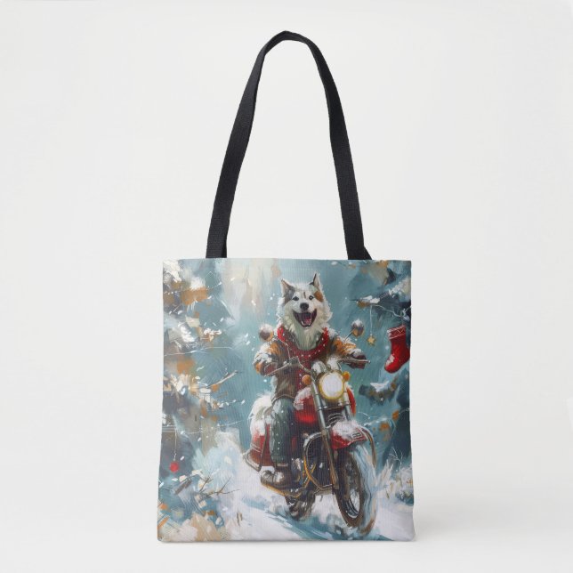 Bolsa Tote Alaskan Malamute Dog Dirigindo Motocicleta Natal (Frente)
