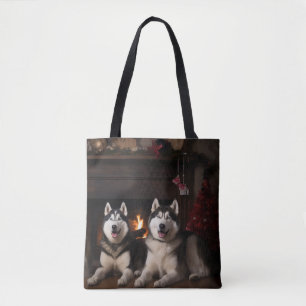 Bolsa Tote Alaskan Malamute na Lareira de Natal