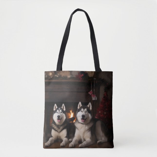 Bolsa Tote Alaskan Malamute na Lareira de Natal (Frente)