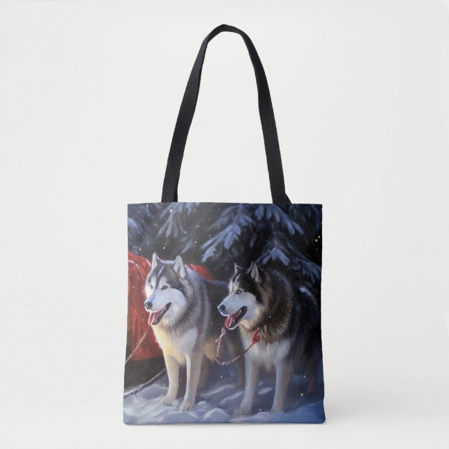 Bolsa Tote Alaskan Malamute Snowy Sleigh no Natal (Frente)