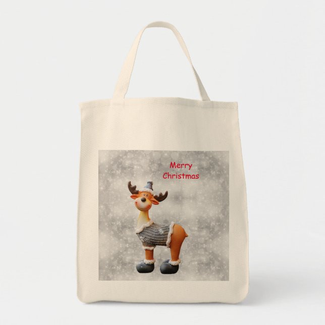 Bolsa Tote Alce feliz Natal usando um chapéu      (Frente)