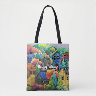 Bolsa Tote Aldeia de Watercolor com Casas Coloridas