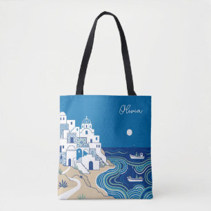 Bolsa Tote Aldeia Mediterrânea Azul e Branco e Paisagem Marít