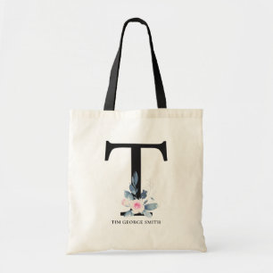 BOLSA TOTE ALFABETES BLUES BLUH BLUE FLORAL NOME LETRA T