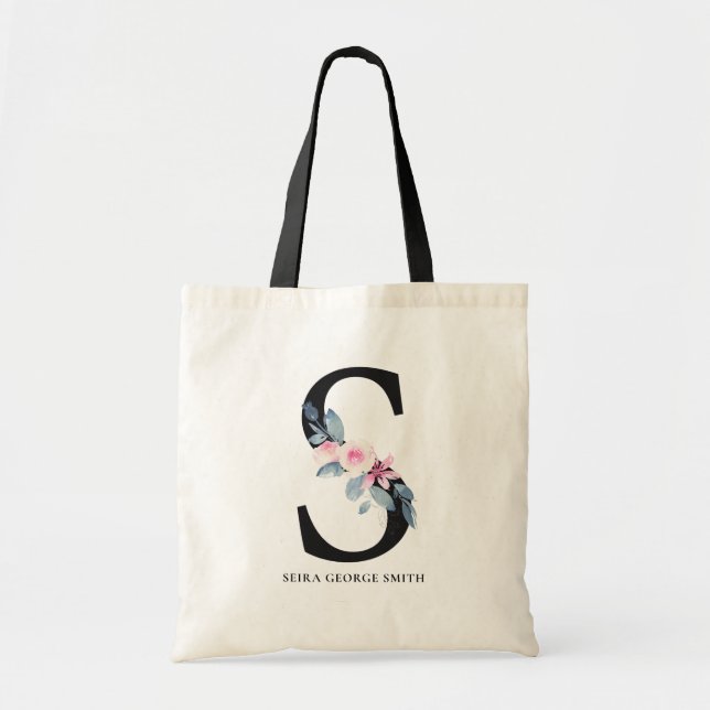 BOLSA TOTE ALFABETES FLORAIS AZUIS SUAVES LETRA S (Frente)