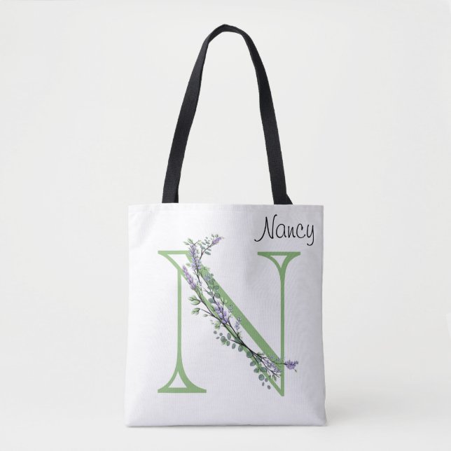 Bolsa Tote Alfabeto a letra N,Lavanda Monograma Eucalyptus (Frente)