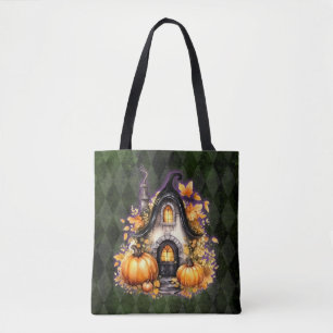 Bolsa Tote Algodão Gótico de Queda de Halloween Verde Argyle
