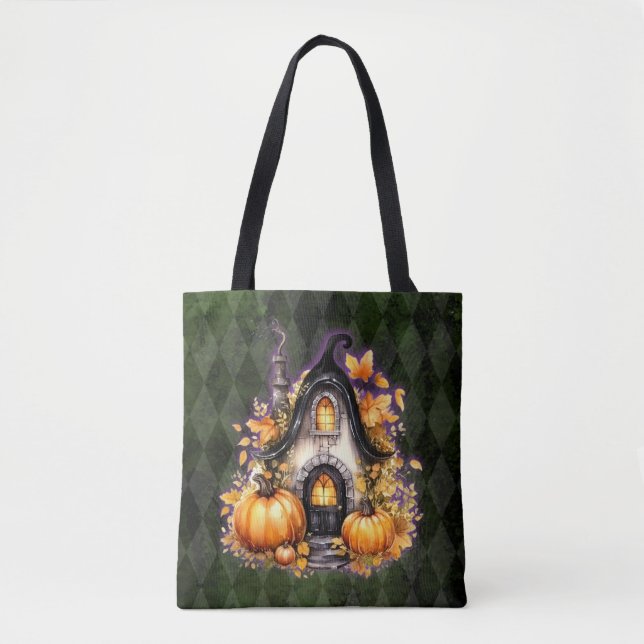 Bolsa Tote Algodão Gótico de Queda de Halloween Verde Argyle (Frente)