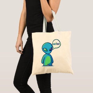 Bolsa Tote Alienígena Azul Fofo Dizendo Olá