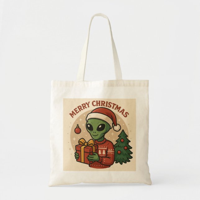 Bolsa Tote Alienígena Divertido Feliz Natal (Frente)
