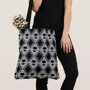 Bolsa Tote Alienígena Preto e Branco com Padrão Argyle