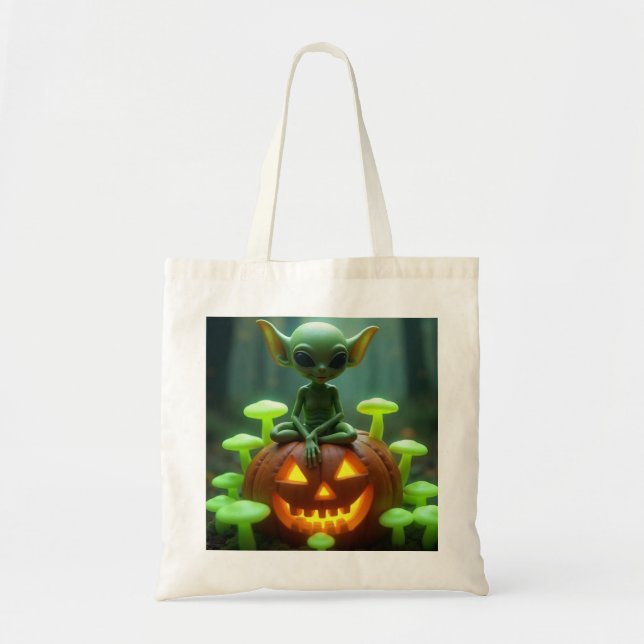 Bolsa Tote Alienígena verde no halloween (Frente)