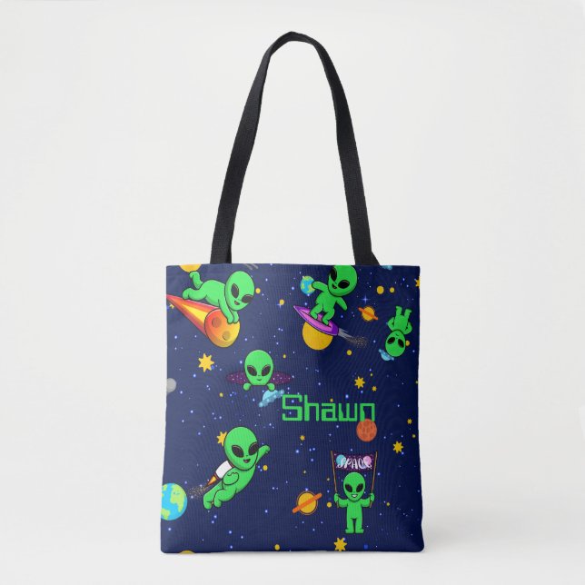 Bolsa Tote Aliens Cute Personalizados no Espaço (Frente)