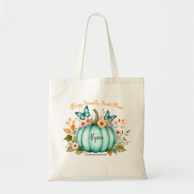 Bolsa Tote Allergy Alert Teal Pumpkin Flowers Butterfly Girl (Frente)