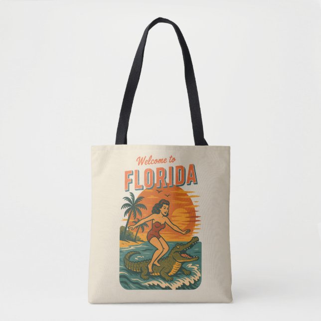 Bolsa Tote Alligator Surfer Beach Pin-Up | Retro Coastal Surf (Frente)
