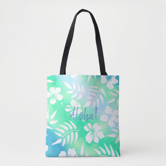 Bolsa Tote Aloha Hibiscus Verde e Azul Floral (Frente)