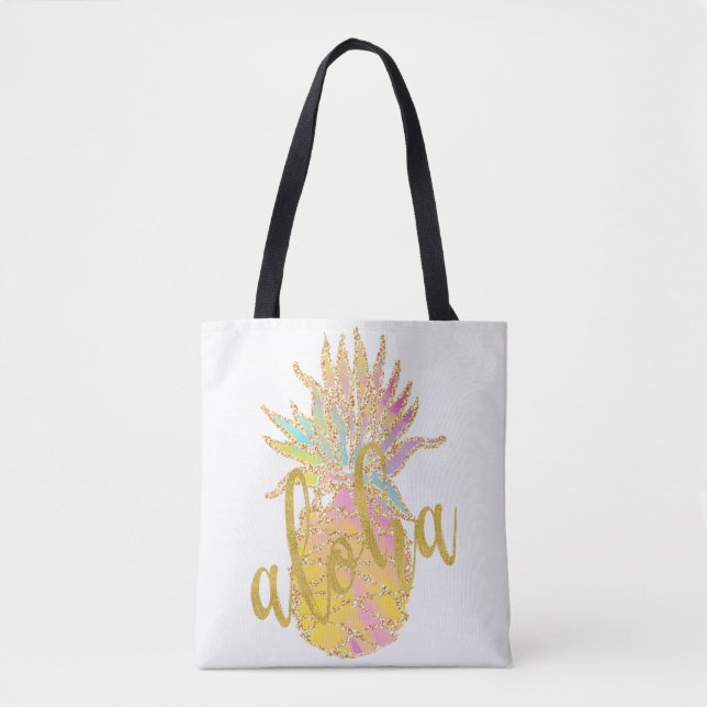 Bolsa Tote Aloha rico faux dourado abacaxi pastel (Frente)