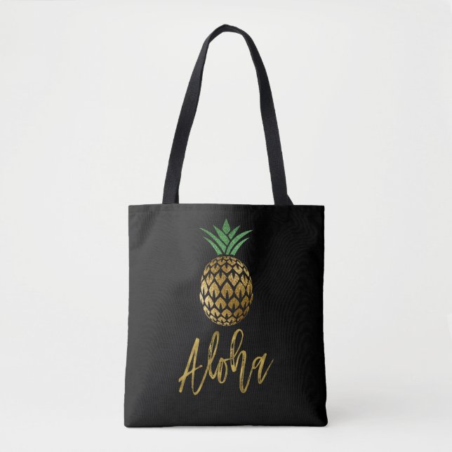 Bolsa Tote Aloha Tropical Havaiana Casamento de Abacaxi Negro (Frente)