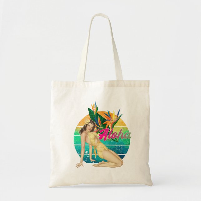Bolsa Tote Aloha Tropical Pin-up Girl retro sunset art (Frente)
