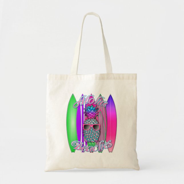 Bolsa Tote Aloha tropical Praga Abacaxi surfando (Frente)