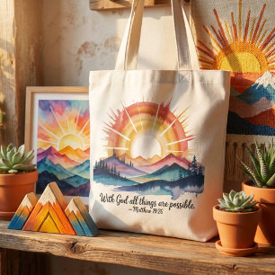 Bolsa Tote Amanhecer na Montanha em Aquarela Versículo Bíblic