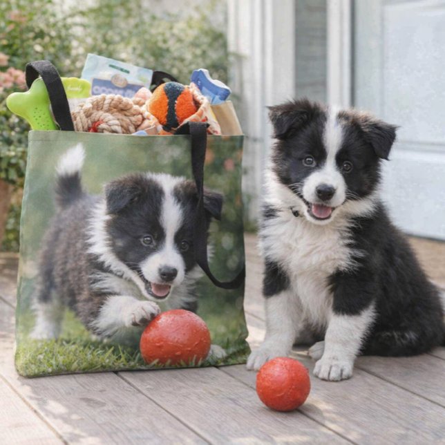 Bolsa Tote Amante de Cachorro Border Collie Fofo  (Adorable Border Collie tote with red‑ball design stylish, durable, and pet‑lover approved)