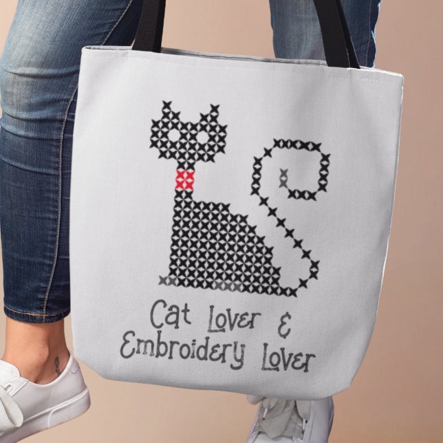 Bolsa Tote Amante de gato preto (Cat Lover & Embroidery Lover tote bag)