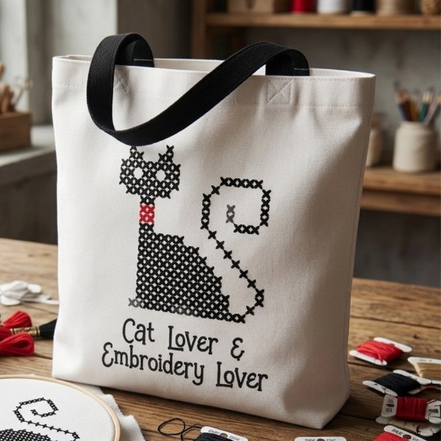 Bolsa Tote Amante de gatos pretos (Cat Lover & Embroidery Lover tote bag)
